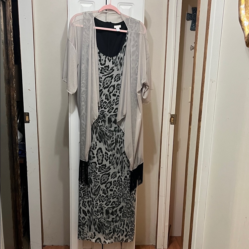 Chico's Black and Gray Leopard Maxi Dress with Light Taupe Duster